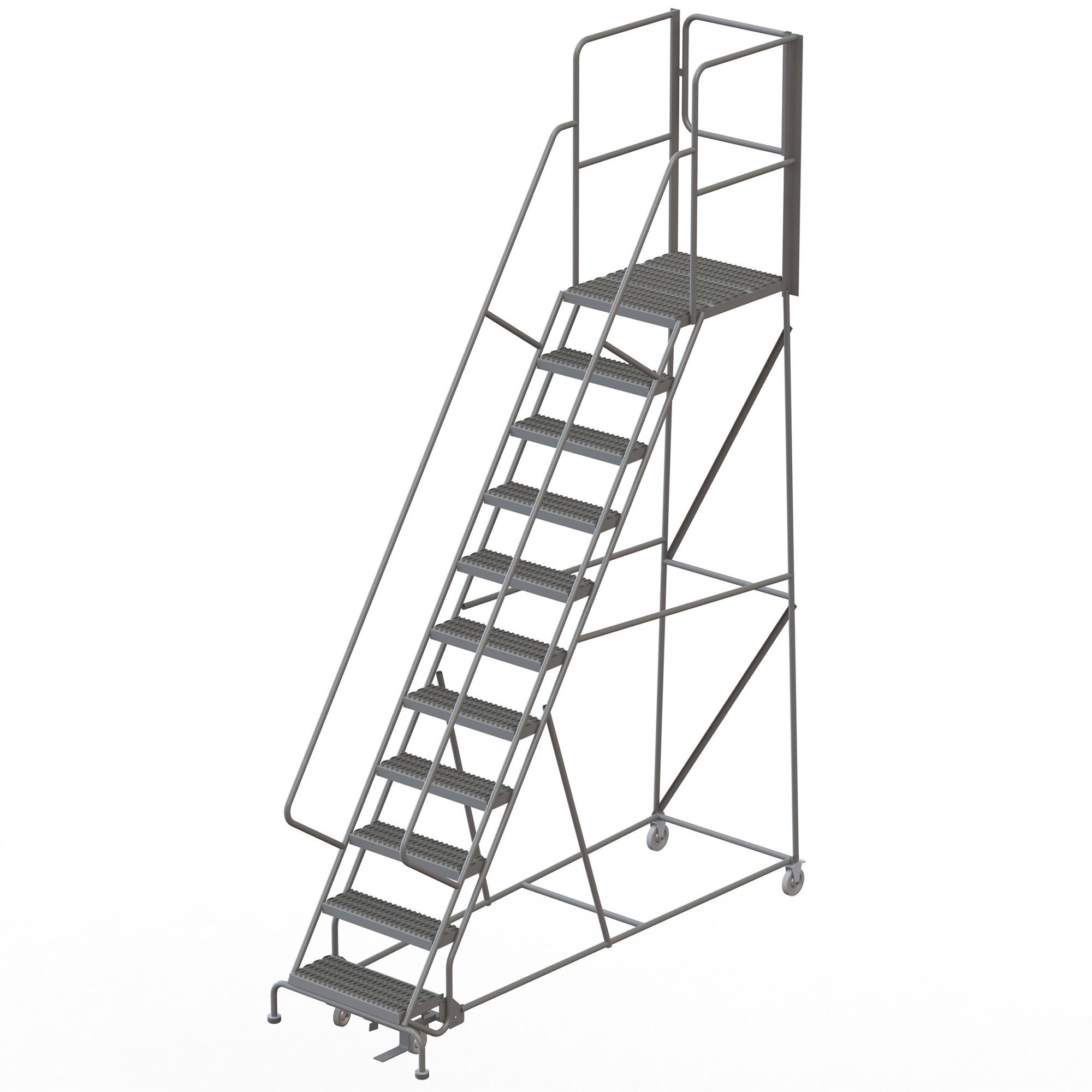 Tri-Arc 11-Step Steel Rolling Ladder with Serrated Steps and Rear Exit Gate — Gray, 24in.W x 30in.D Platform, 450-Lb. Capacity, Model# KDSR111242-XR